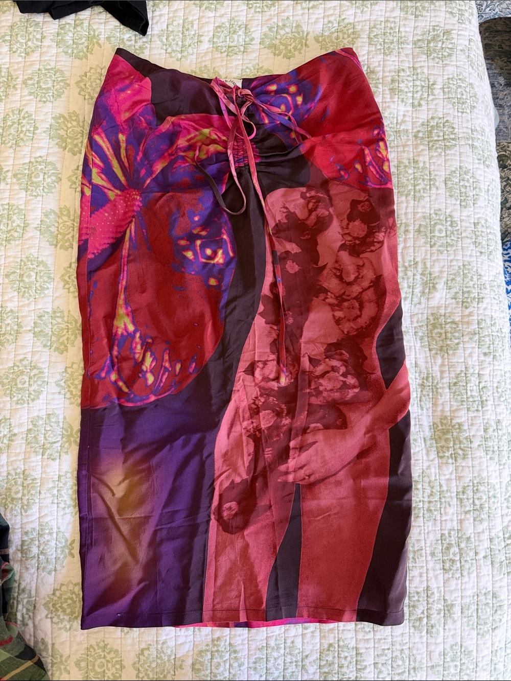 With Jean Ruched Midi Skirt Pink Purple Abstract Print Size S